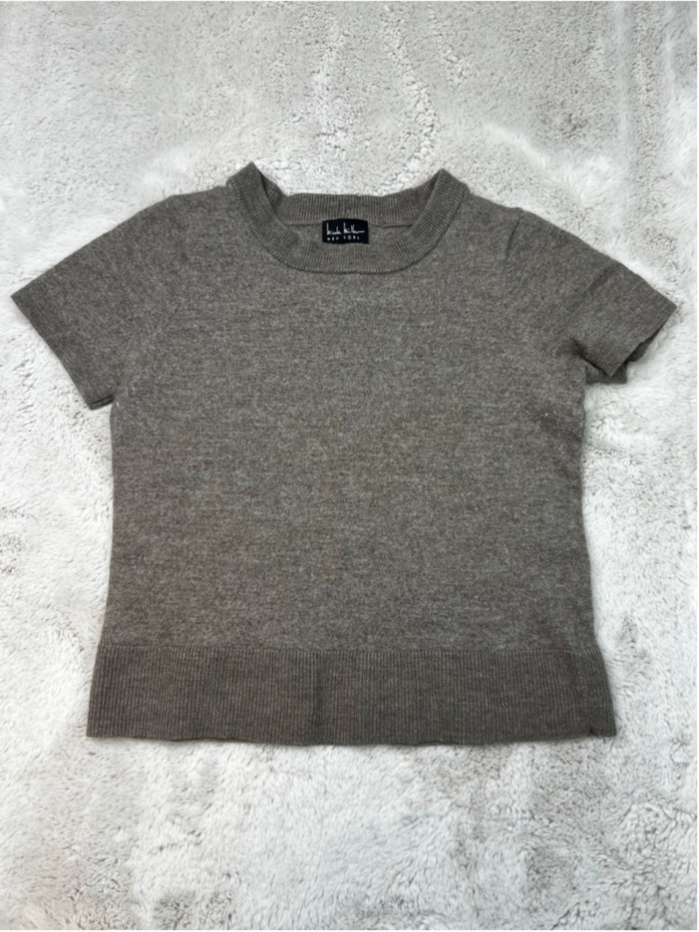 Nicole Miller Merino Wool Short Sleeve Sweater Brown Size Small Button Detail